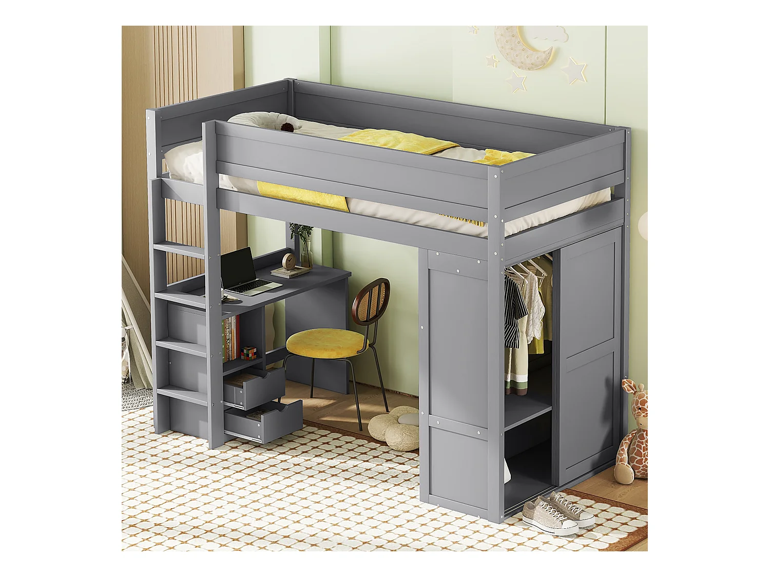 Letto a castello 90x200 cm, con scrivania, armadio e cassetti contenitore, grigio (205x95x165 cm)