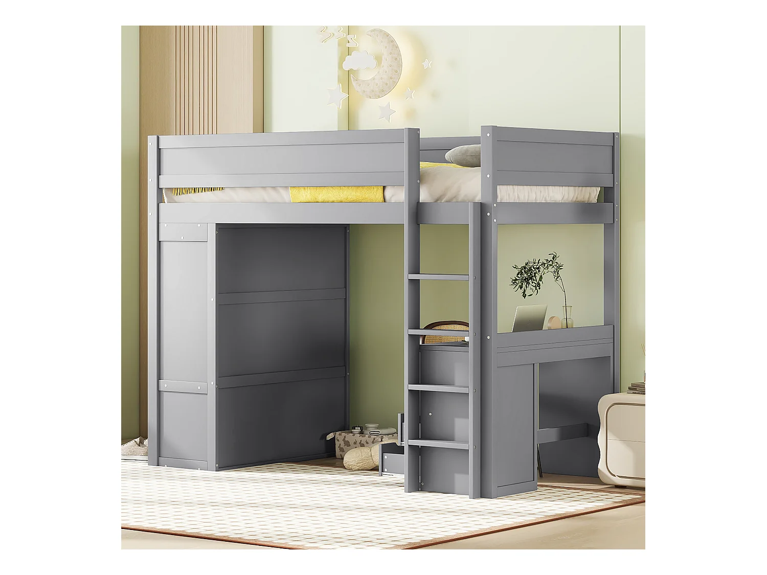 Letto a castello 90x200 cm, con scrivania, armadio e cassetti contenitore, grigio (205x95x165 cm)