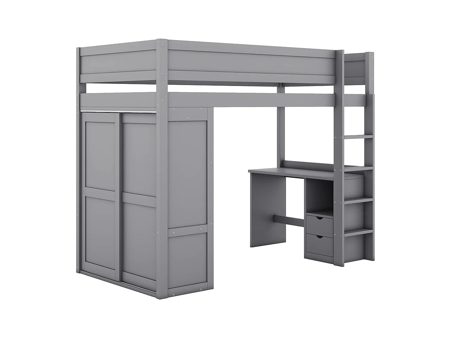Letto a castello 90x200 cm, con scrivania, armadio e cassetti contenitore, grigio (205x95x165 cm)