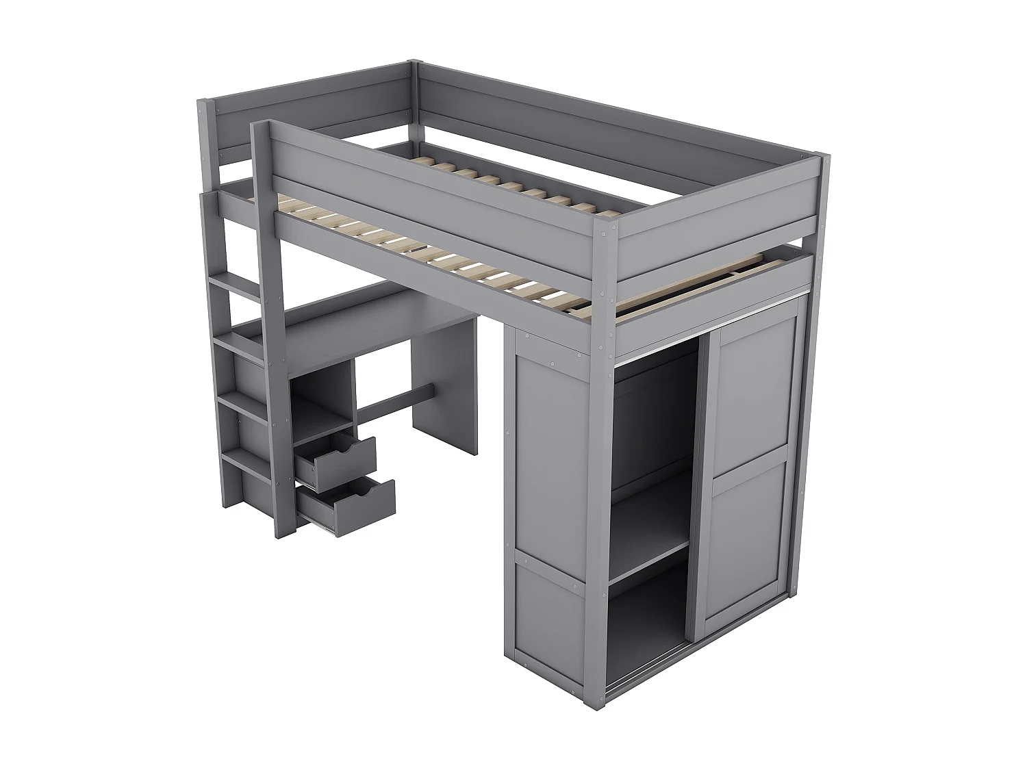 Letto a castello 90x200 cm, con scrivania, armadio e cassetti contenitore, grigio (205x95x165 cm)