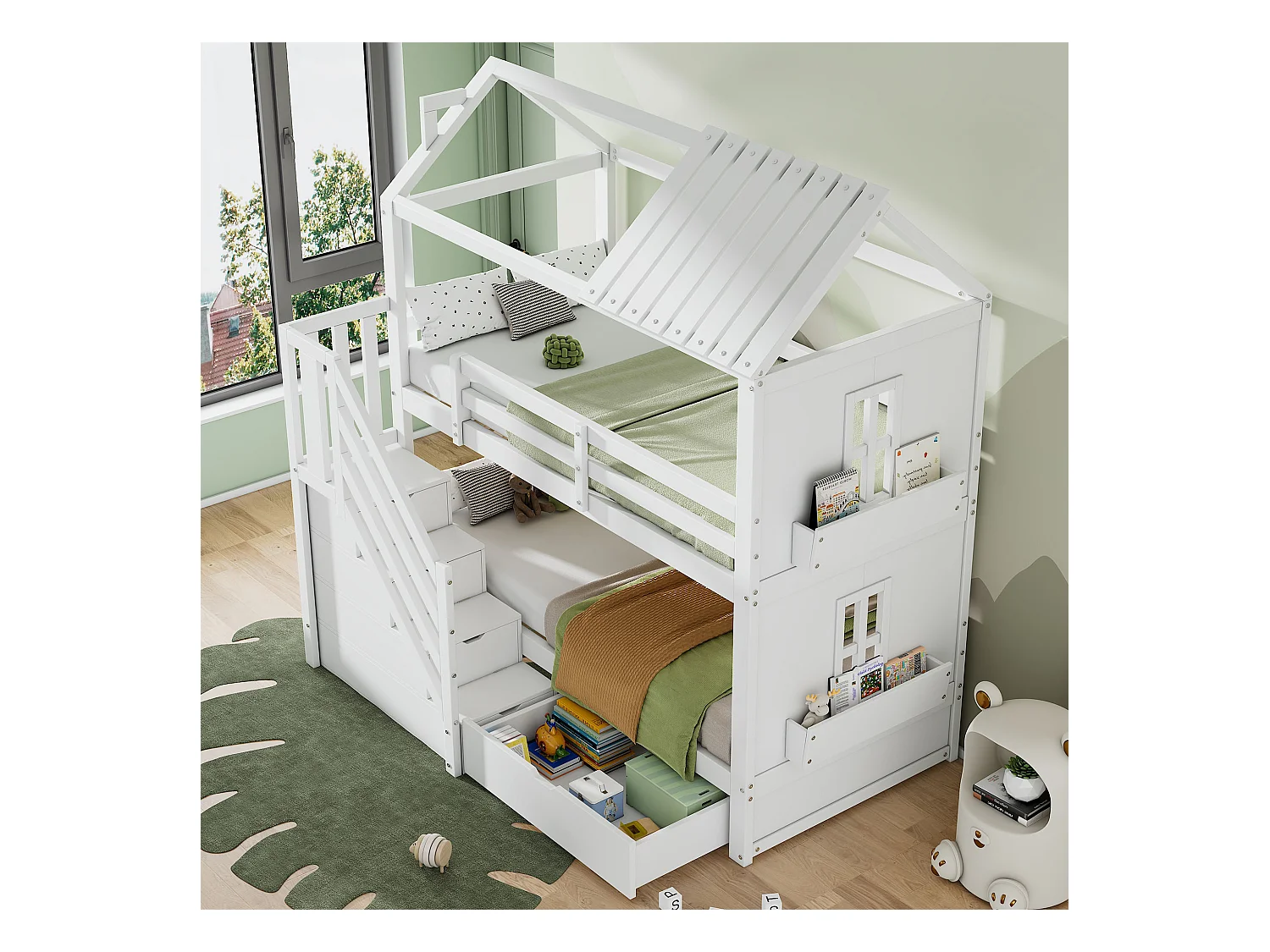 Letto a castello per bambini, 90x200cm, con scaletta portaoggetti, ripiani e cassetti, in pino e MDF, bianco (Dimensioni: L205 x P95 x H150 cm)