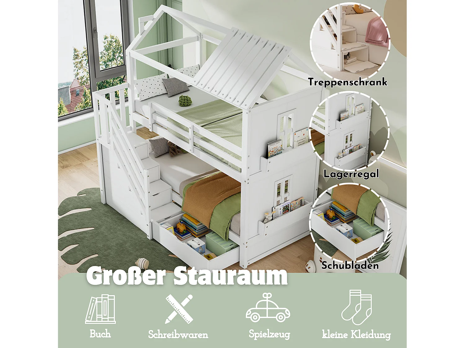 Kinderstapelbed, 90x200cm, met opbergtrap, planken en lades, in grenen en MDF, wit (Afmetingen: L205 x B95 x H150 cm)