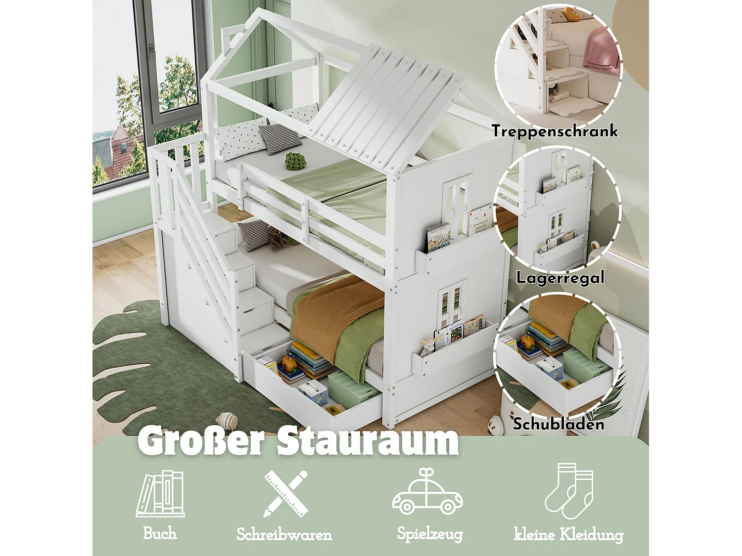 Letto a castello per bambini, 90x200cm, con scaletta portaoggetti, ripiani e cassetti, in pino e MDF, bianco (Dimensioni: L205 x P95 x H150 cm)