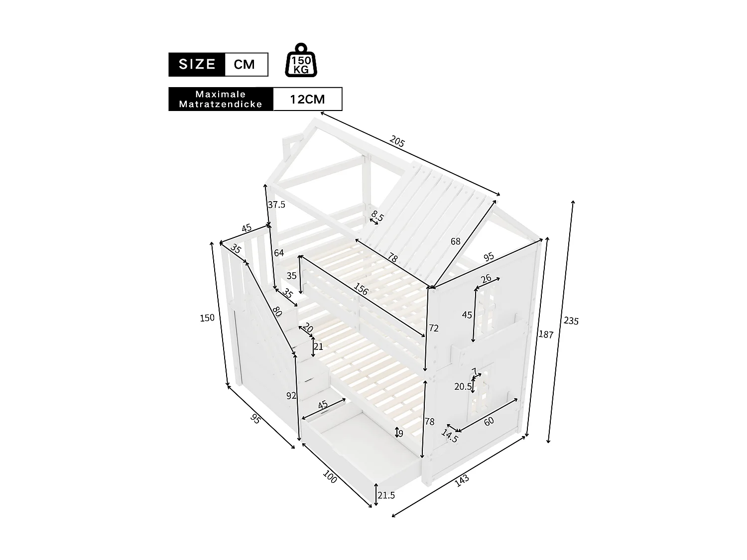 Letto a castello per bambini, 90x200cm, con scaletta portaoggetti, ripiani e cassetti, in pino e MDF, bianco (Dimensioni: L205 x P95 x H150 cm)