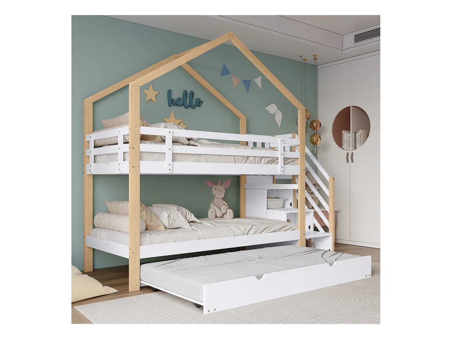 Litera con escalera de almacenaje, camarote, con barandilla de seguridad, ventanas y techo, estructura de pino y MDF, color blanco y natural, (90x200cm y 90x190cm)