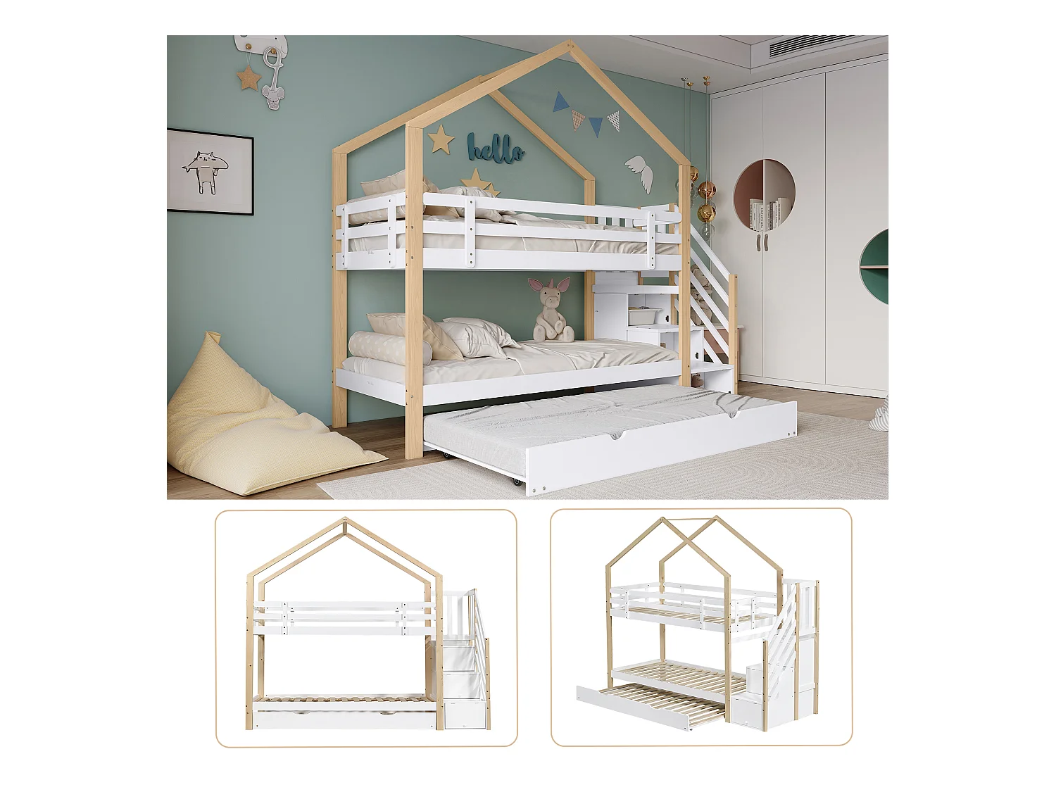 Litera con escalera de almacenaje, camarote, con barandilla de seguridad, ventanas y techo, estructura de pino y MDF, color blanco y natural, (90x200cm y 90x190cm)