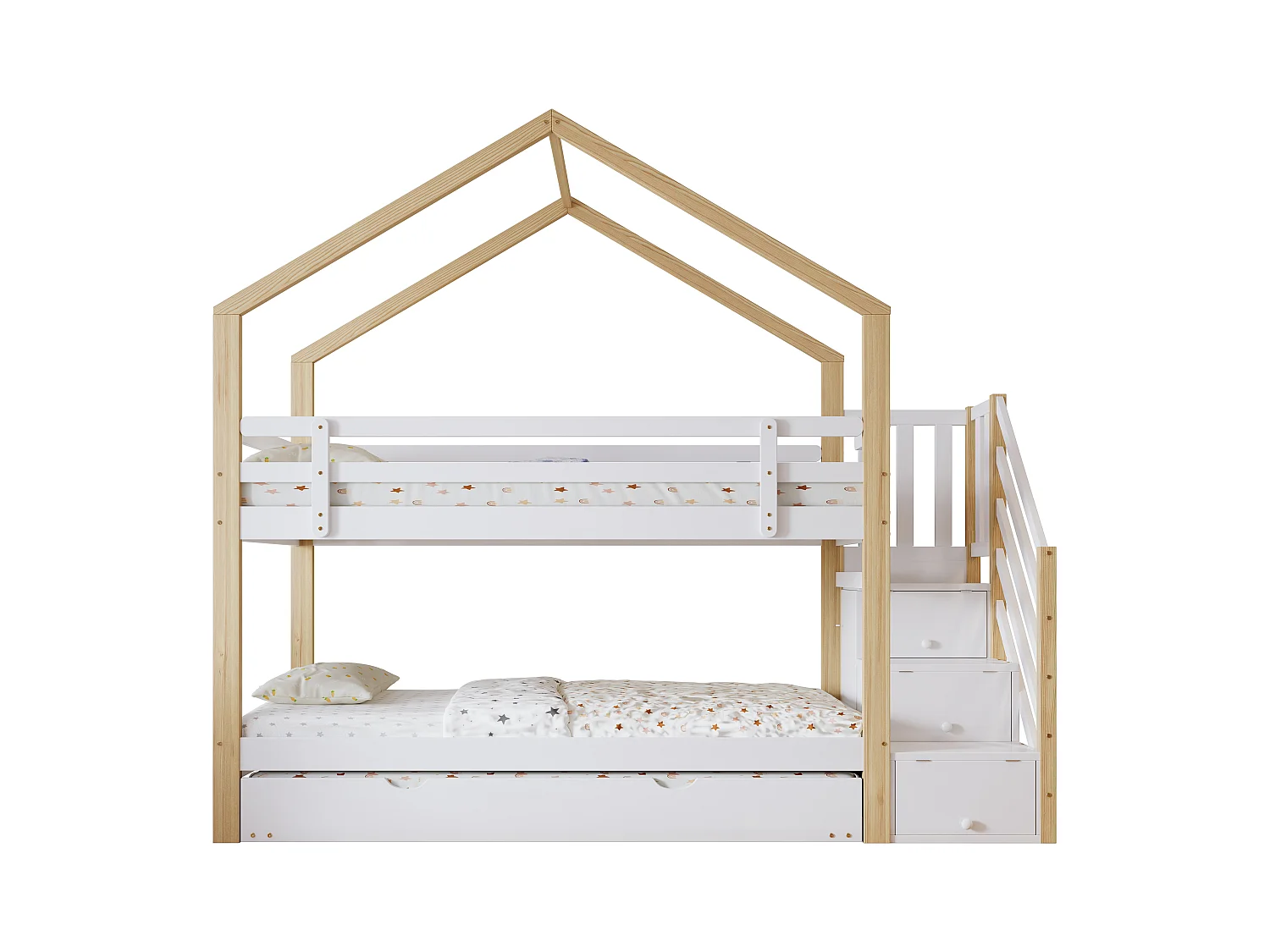 Litera con escalera de almacenaje, camarote, con barandilla de seguridad, ventanas y techo, estructura de pino y MDF, color blanco y natural, (90x200cm y 90x190cm)