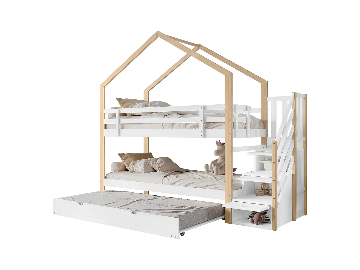 Litera con escalera de almacenaje, camarote, con barandilla de seguridad, ventanas y techo, estructura de pino y MDF, color blanco y natural, (90x200cm y 90x190cm)