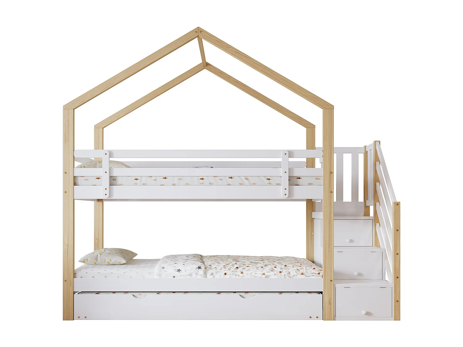 Stapelbed met opbergtrap, hoogslaper, met uitvalbeveiliging, ramen en dak, constructie van grenen en MDF, wit en naturel, (90x200cm en 90x190cm)