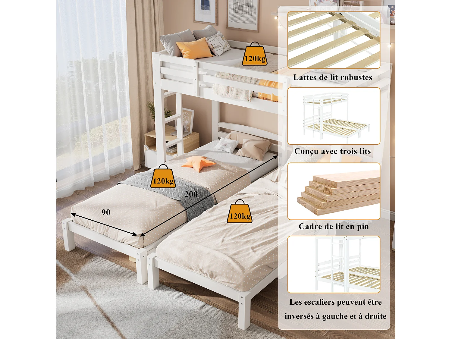 Litera de tres niveles con escalera lateral para niños y adolescentes, estructura de madera maciza, color blanco (195,5 x 207 x 162,5 cm)