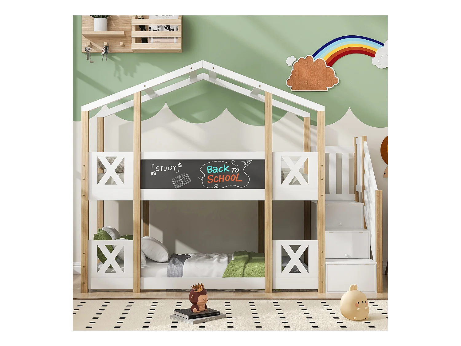 Lit superposé cabane enfant avec escalier, rangement intégré, bois naturel et blanc (256x96x205cm)