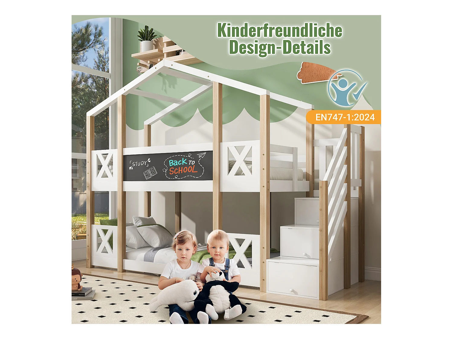 Lit superposé cabane enfant avec escalier, rangement intégré, bois naturel et blanc (256x96x205cm)