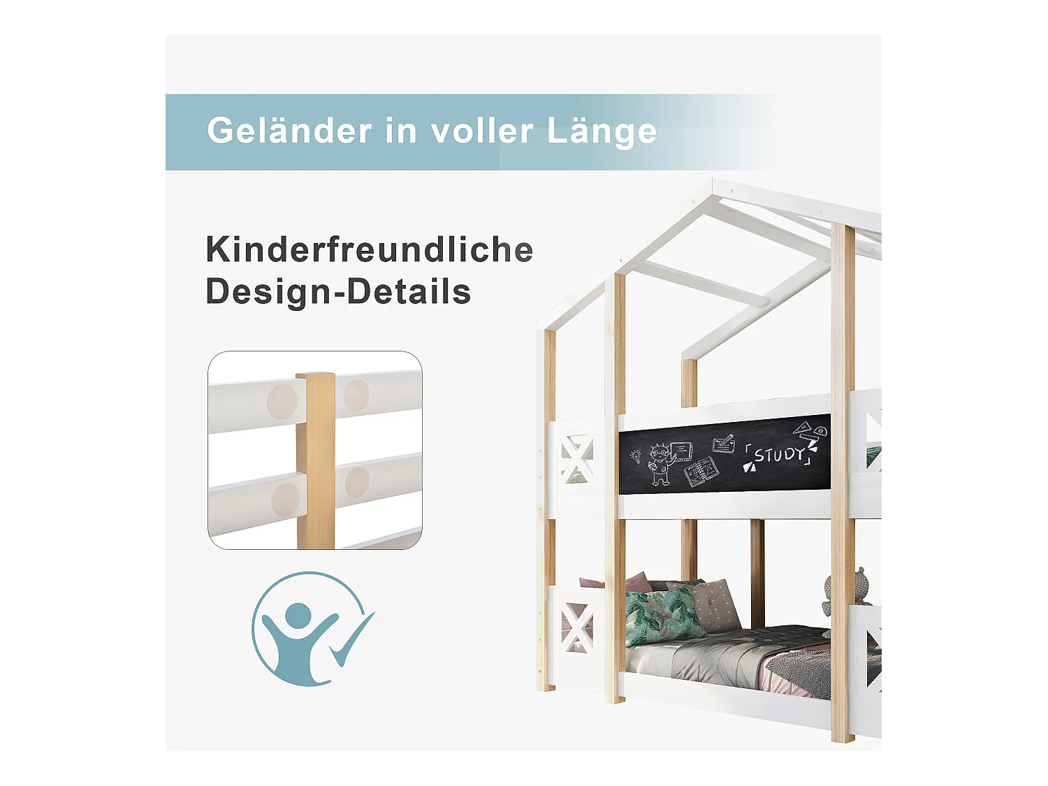 Lit superposé cabane enfant avec escalier, rangement intégré, bois naturel et blanc (256x96x205cm)