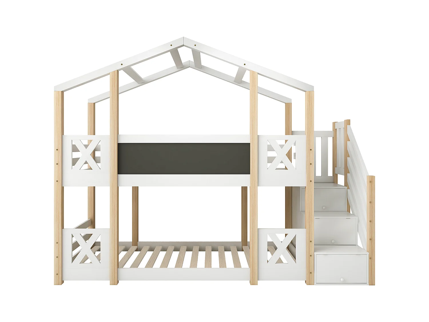 Lit superposé cabane enfant avec escalier, rangement intégré, bois naturel et blanc (256x96x205cm)