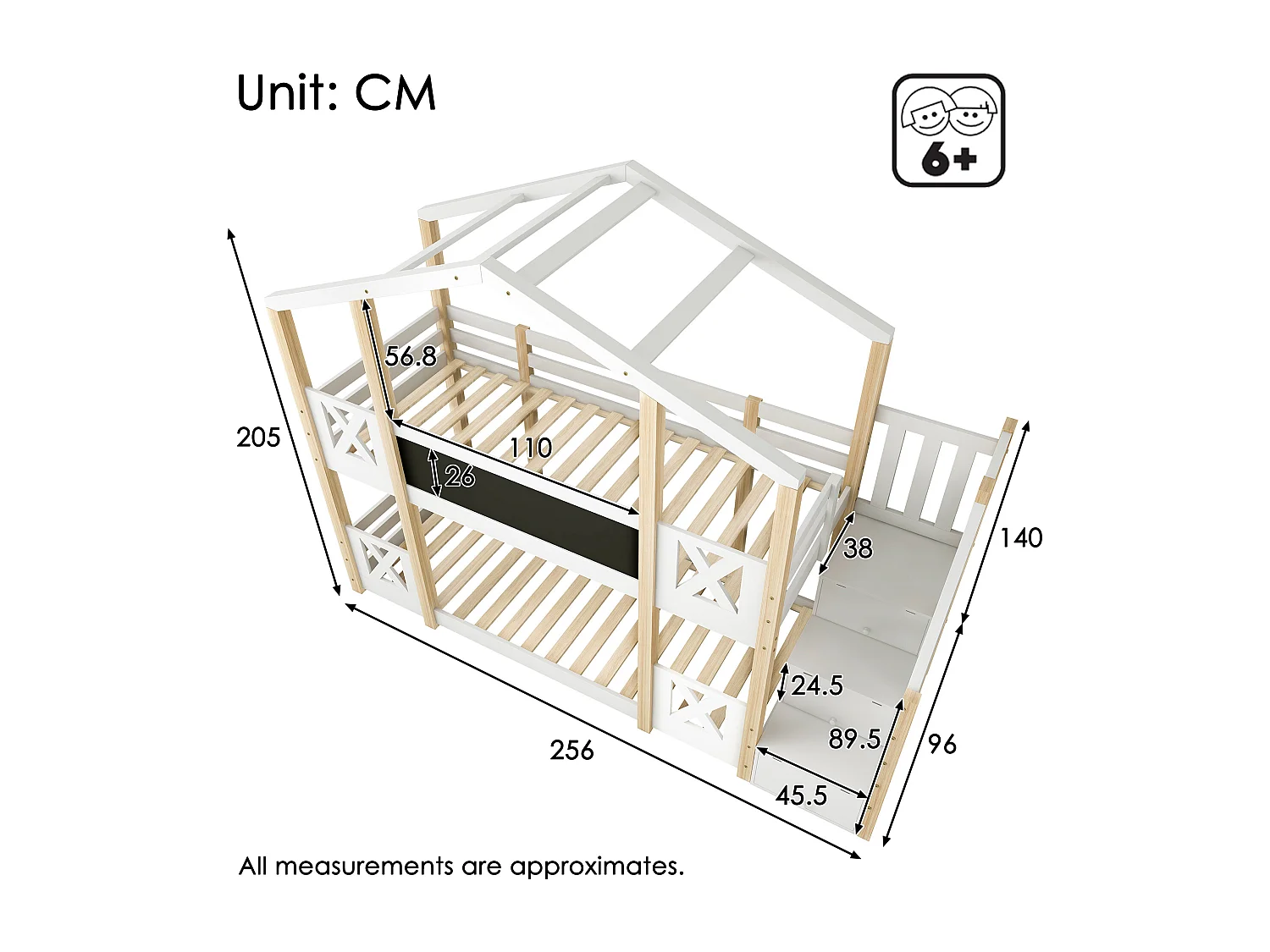 Lit superposé cabane enfant avec escalier, rangement intégré, bois naturel et blanc (256x96x205cm)