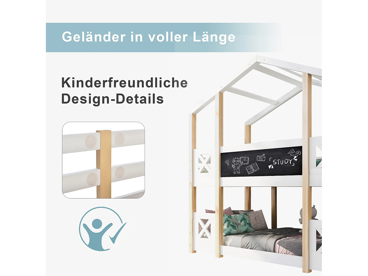 Lit superposé cabane enfant avec escalier, rangement intégré, bois naturel et blanc (256x96x205cm)