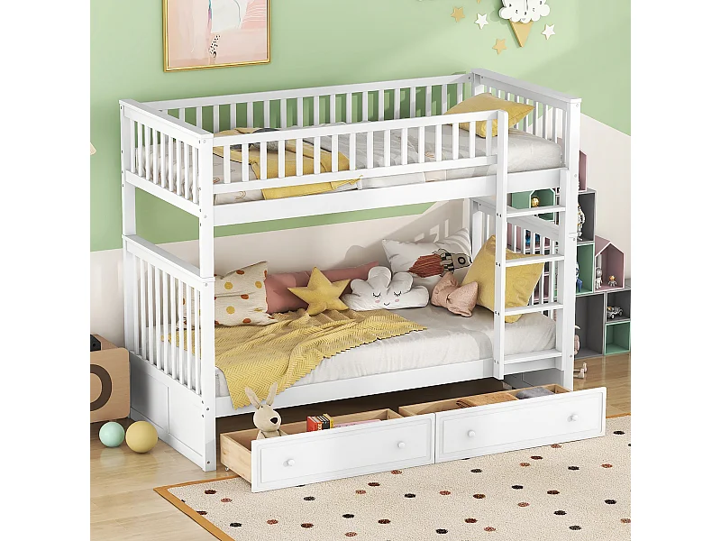 Stapelbed 90x200 cm, functioneel bed met lades, grenenhouten ombouwbed, wit (205x95x160 cm)