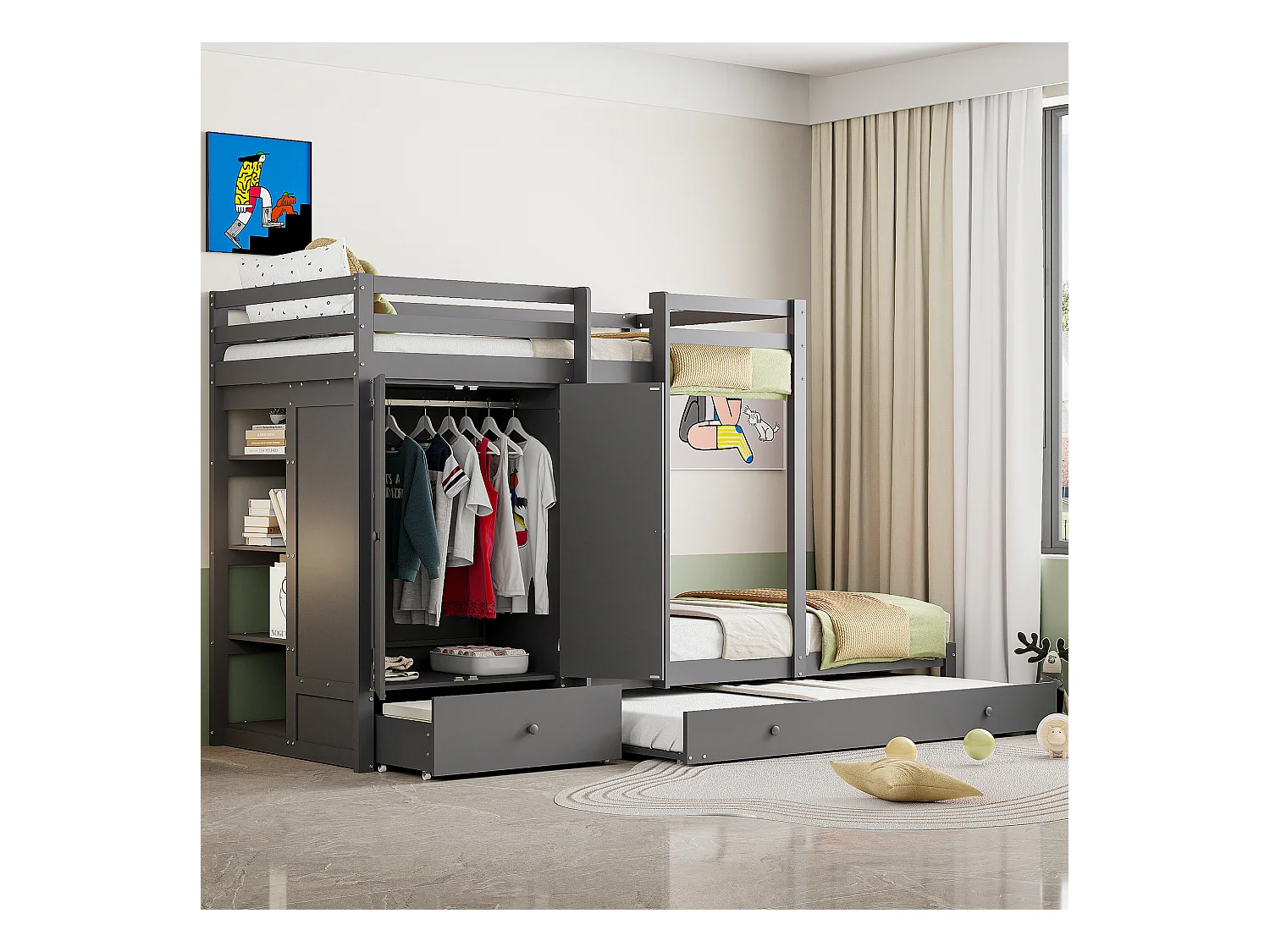 Litera multifuncional de madera maciza con cama nido, armario, cajones y balda, gris (291x96x170cm)