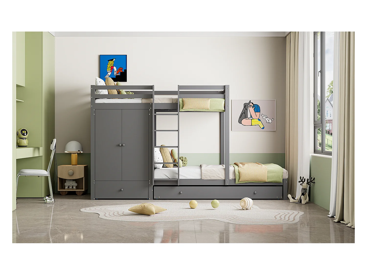 Litera multifuncional de madera maciza con cama nido, armario, cajones y balda, gris (291x96x170cm)