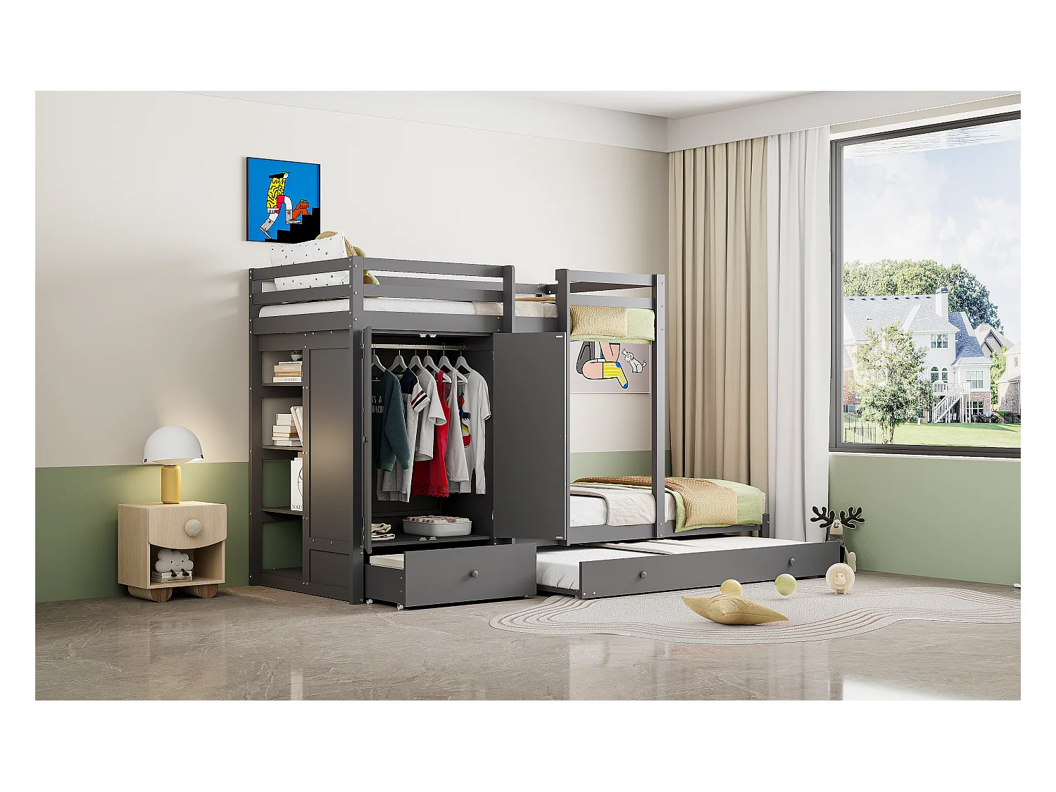 Litera multifuncional de madera maciza con cama nido, armario, cajones y balda, gris (291x96x170cm)