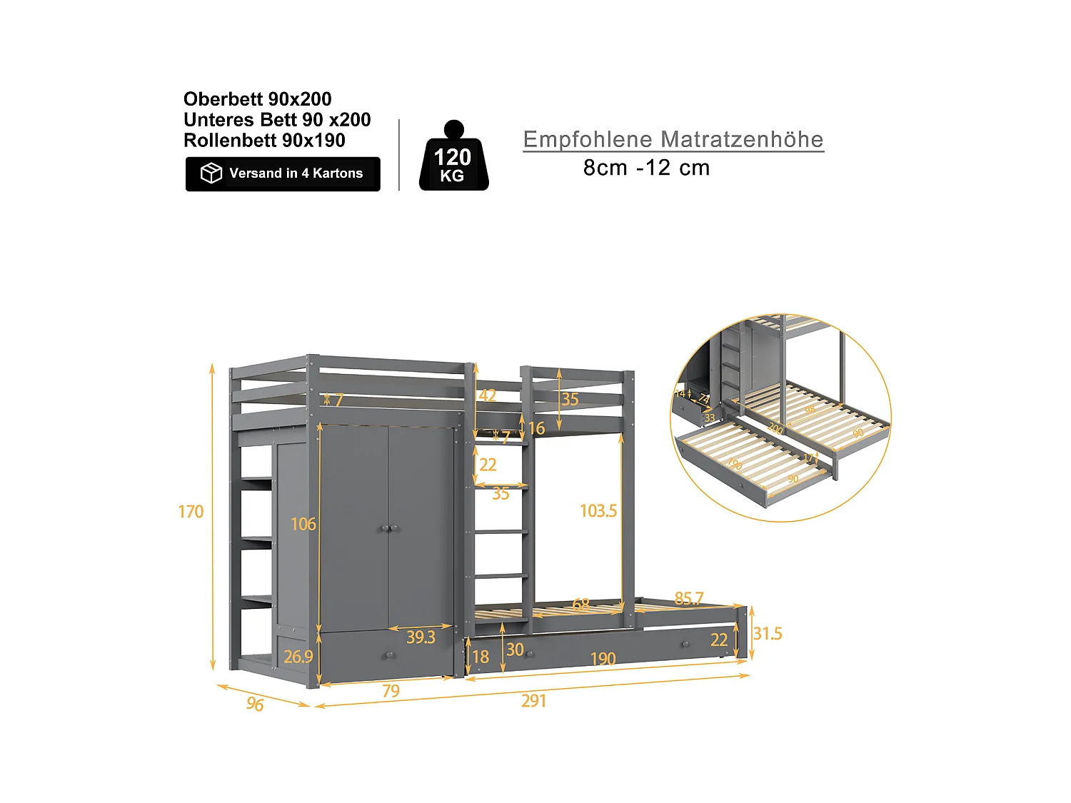 Litera multifuncional de madera maciza con cama nido, armario, cajones y balda, gris (291x96x170cm)