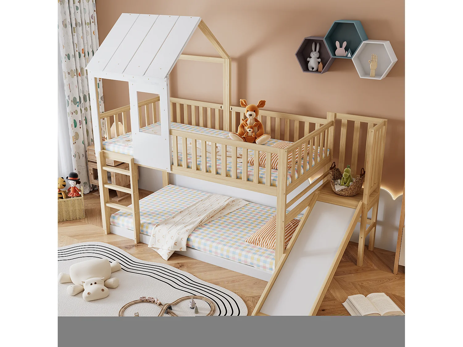 Lit superposé avec échelle, fenêtre, toit, rideau et tiroir, cadre en bois massif, naturel et blanc (90x200cm)