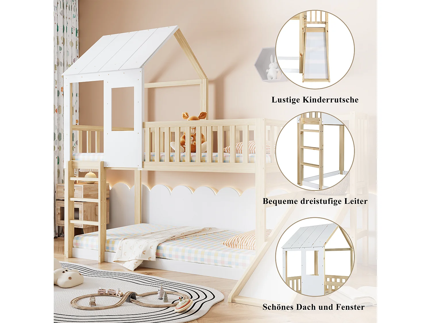 Lit superposé avec échelle, fenêtre, toit, rideau et tiroir, cadre en bois massif, naturel et blanc (90x200cm)