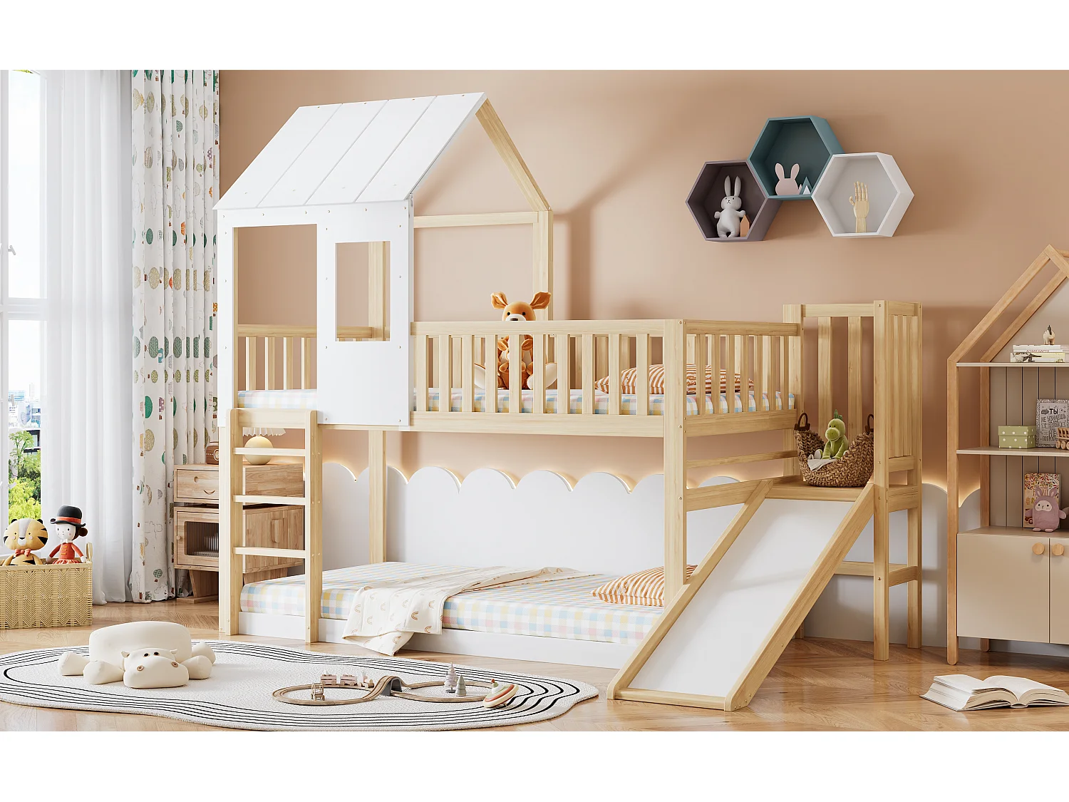 Lit superposé avec échelle, fenêtre, toit, rideau et tiroir, cadre en bois massif, naturel et blanc (90x200cm)