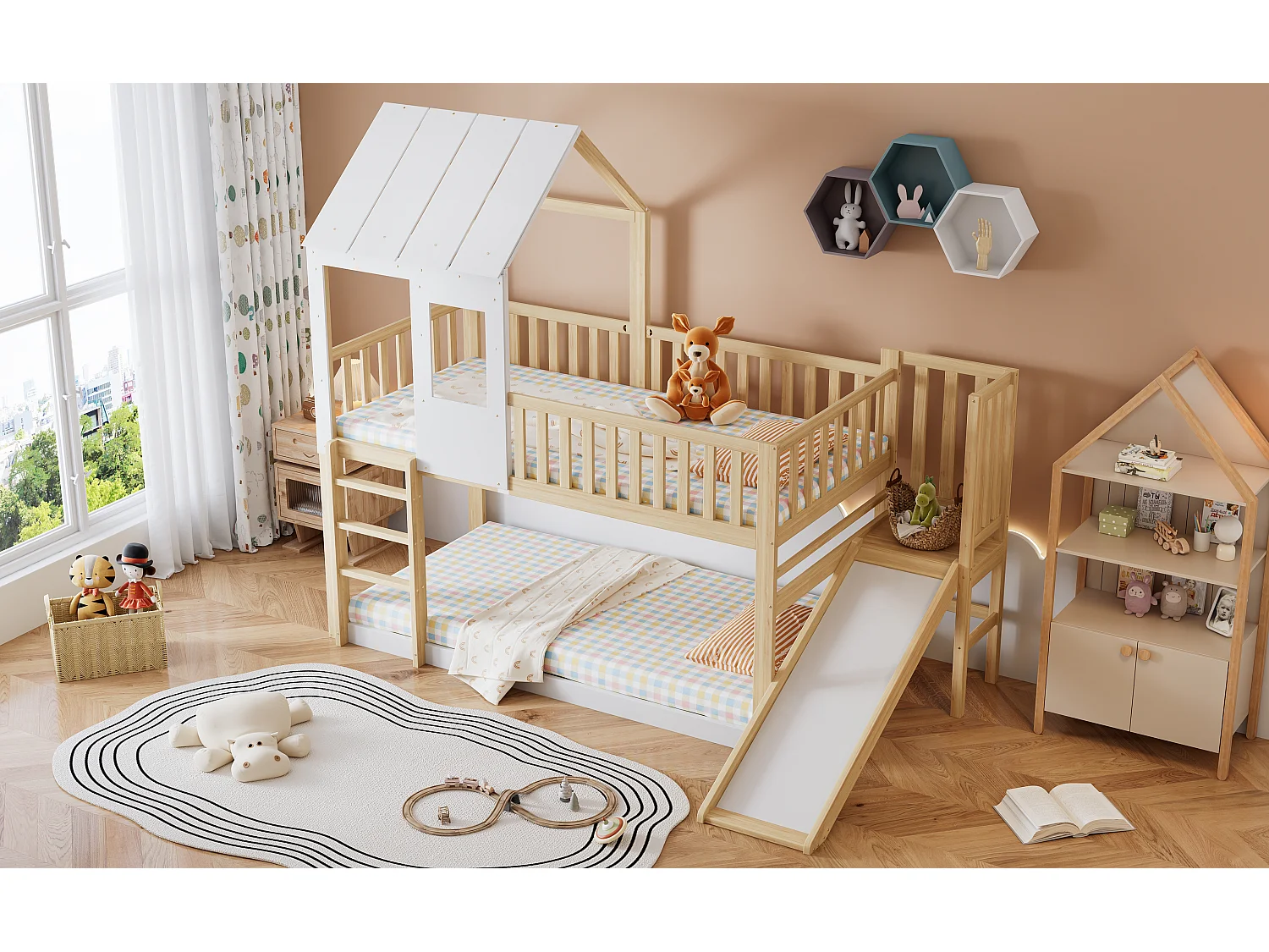 Lit superposé avec échelle, fenêtre, toit, rideau et tiroir, cadre en bois massif, naturel et blanc (90x200cm)