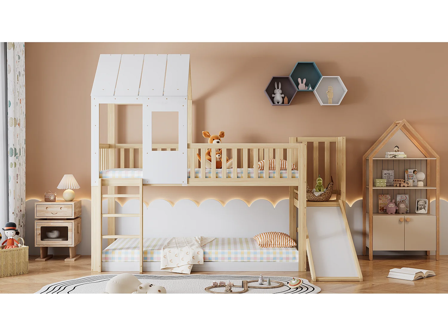 Lit superposé avec échelle, fenêtre, toit, rideau et tiroir, cadre en bois massif, naturel et blanc (90x200cm)