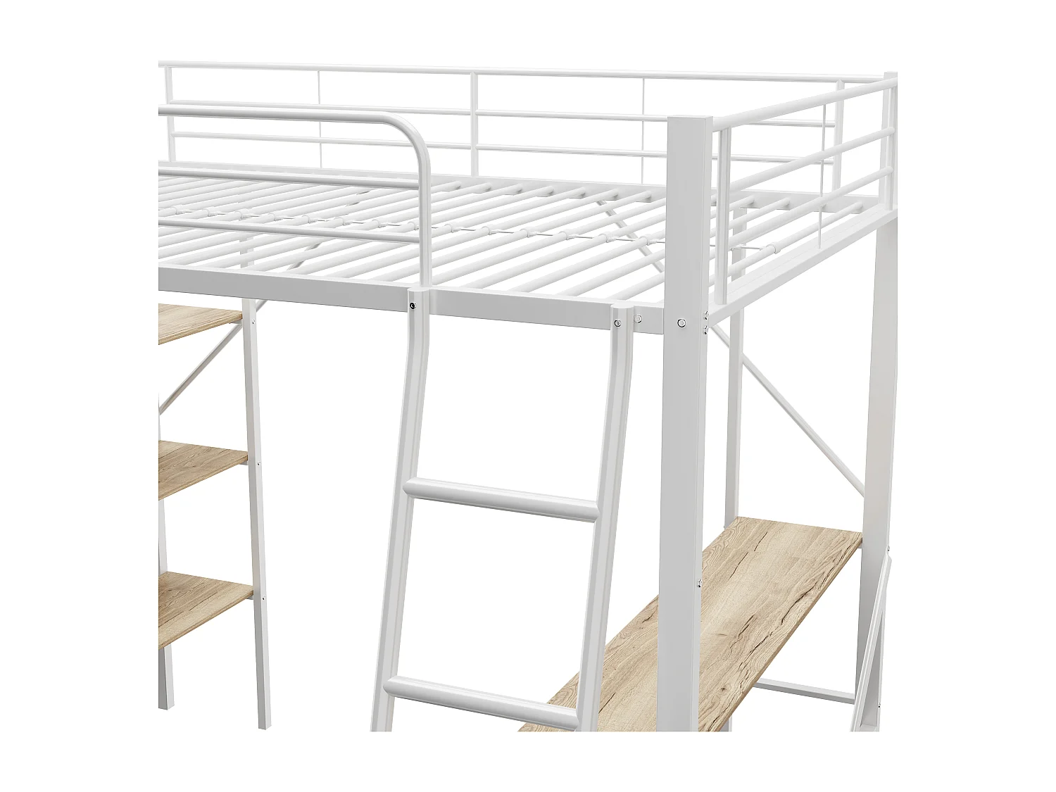 Litera 90x200cm, estructura de metal, escritorio en L con tres grandes estantes, diseño minimalista, color blanco (204,5x149x180,5 cm)