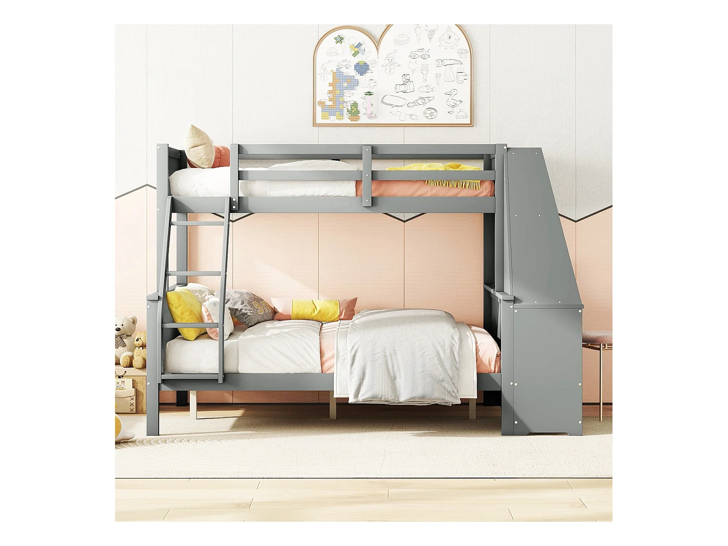 Stapelbed 90x200 cm en 140x200 cm, met bureau, veel opbergruimte, hoge veiligheidsbeugel, grenen, grijs (242x141x154 cm)