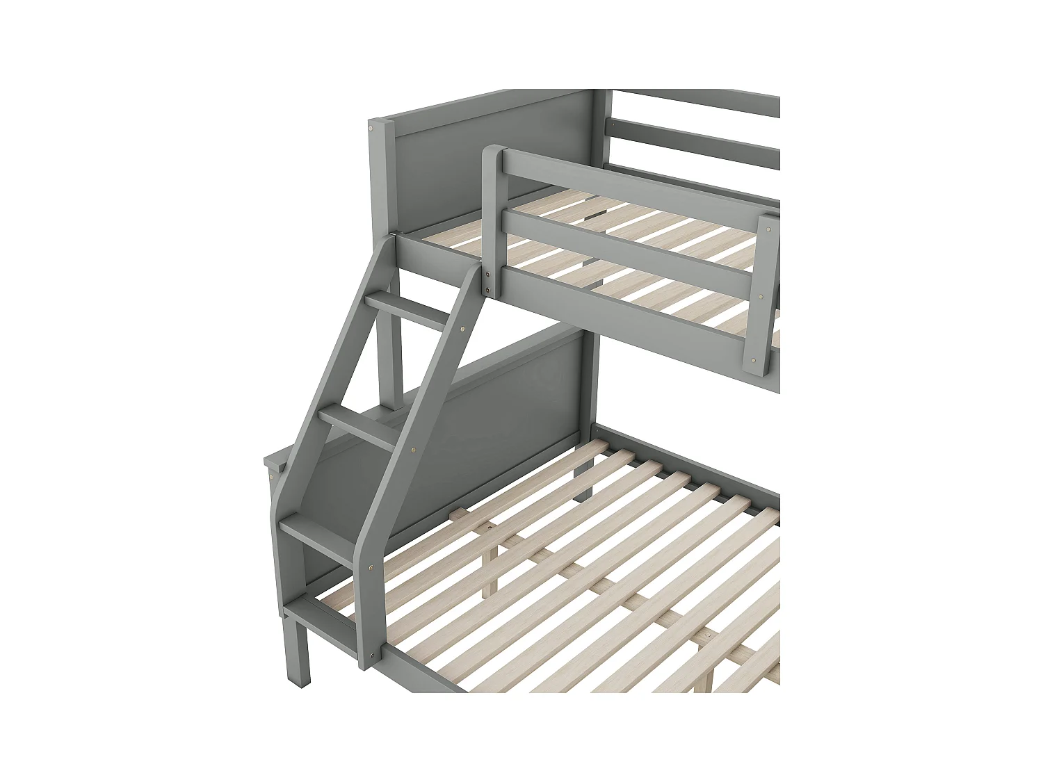 Stapelbed 90x200 cm en 140x200 cm, met bureau, veel opbergruimte, hoge veiligheidsbeugel, grenen, grijs (242x141x154 cm)