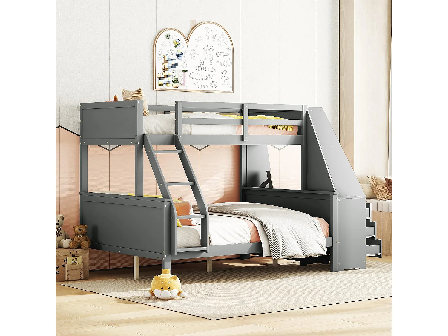 Lit superposé 90x200 cm et 140x200 cm, avec bureau, grand espace de rangement, barre de sécurité haute, pin, gris (242x141x154 cm)