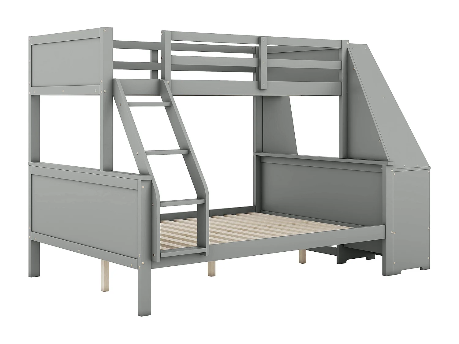 Lit superposé 90x200 cm et 140x200 cm, avec bureau, grand espace de rangement, barre de sécurité haute, pin, gris (242x141x154 cm)