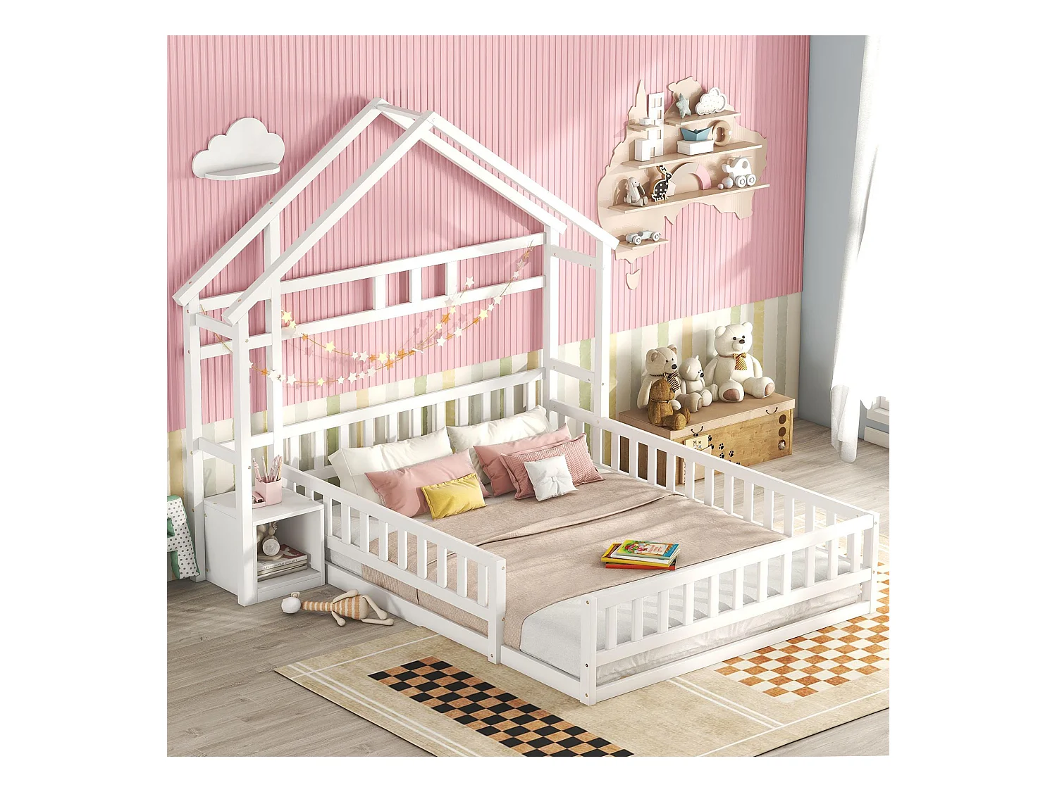 Litera infantil 140x200 cm, con barandillas, mesita de noche y espacio de almacenaje, color blanco (203x203x190 cm)