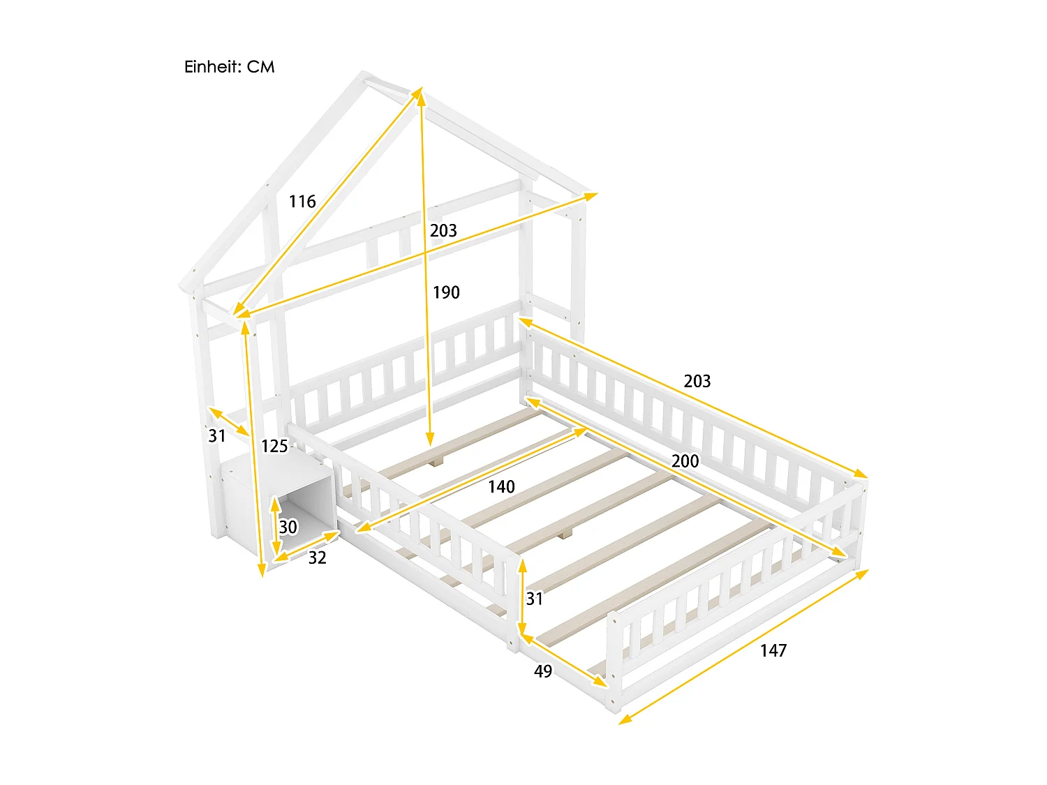 Lit superposé 140x200 cm pour enfants, avec balustrades, table de nuit et rangement, blanc (203x203x190 cm)