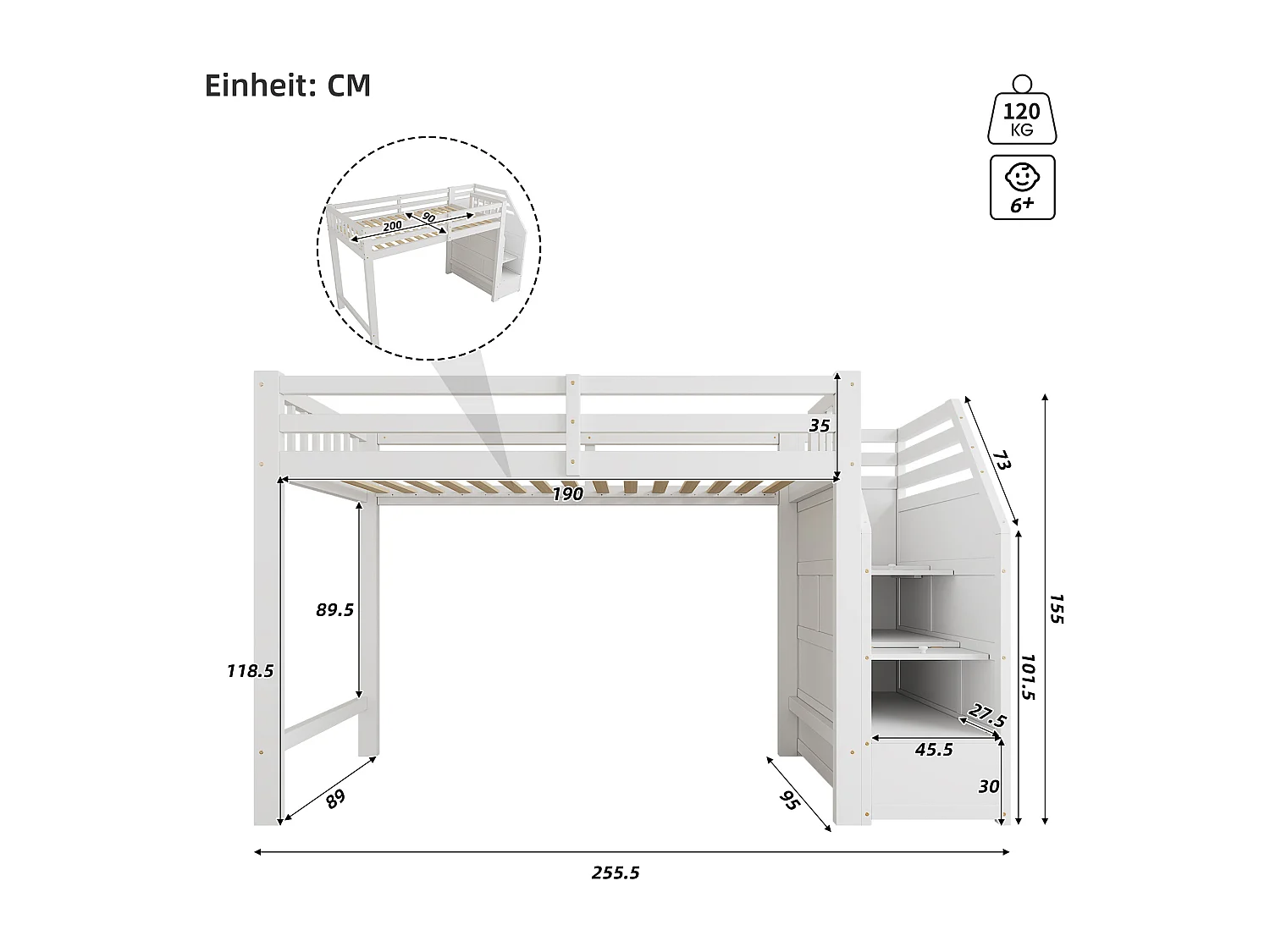 Lit superposé, 90x200 cm et 140x200 cm, avec garde-corps, échelle de rangement, toboggan et étagères, blanc, structure en pin (242x163x159 cm)  Product