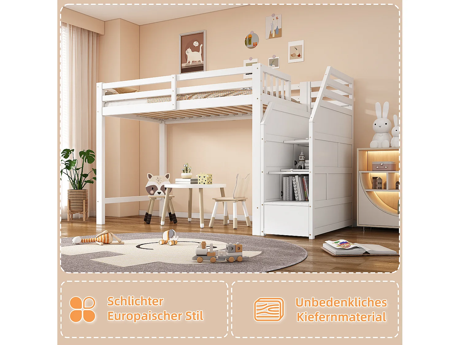 Litera de 90x200 cm y 140x200 cm con barandilla, escalera de almacenaje, tobogán y estantes, color blanco, estructura de pino (242x163x159 cm) Producto