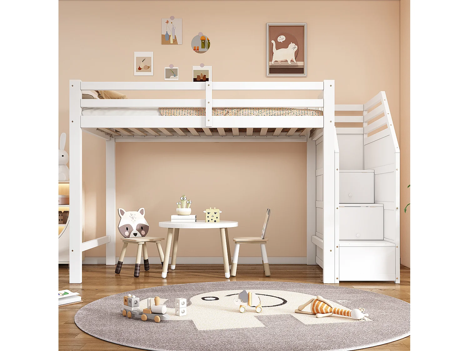 Litera de 90x200 cm y 140x200 cm con barandilla, escalera de almacenaje, tobogán y estantes, color blanco, estructura de pino (242x163x159 cm) Producto