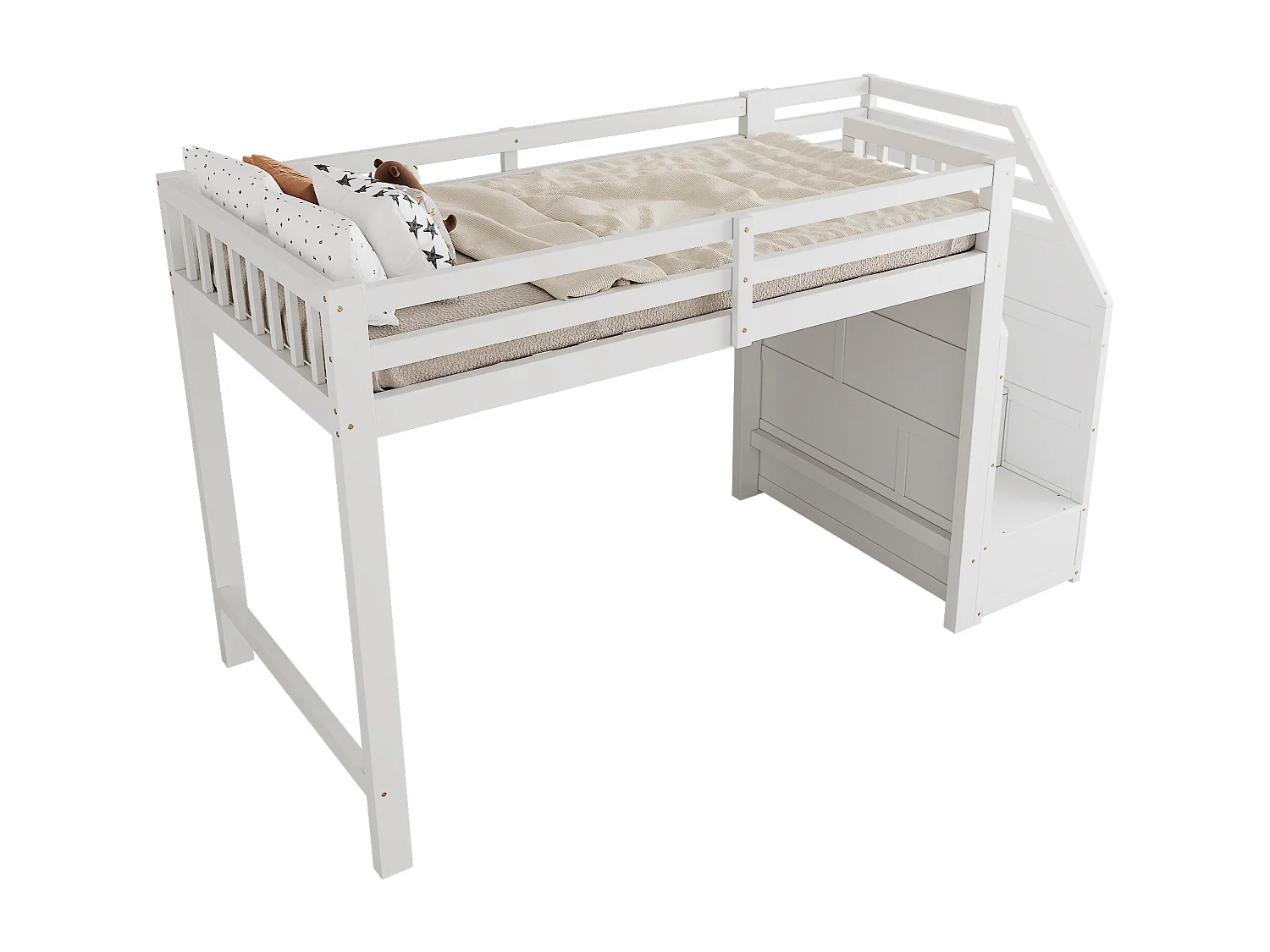 Litera de 90x200 cm y 140x200 cm con barandilla, escalera de almacenaje, tobogán y estantes, color blanco, estructura de pino (242x163x159 cm) Producto