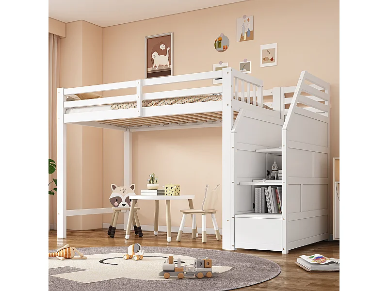 Lit superposé, 90x200 cm et 140x200 cm, avec garde-corps, échelle de rangement, toboggan et étagères, blanc, structure en pin (242x163x159 cm)  Product