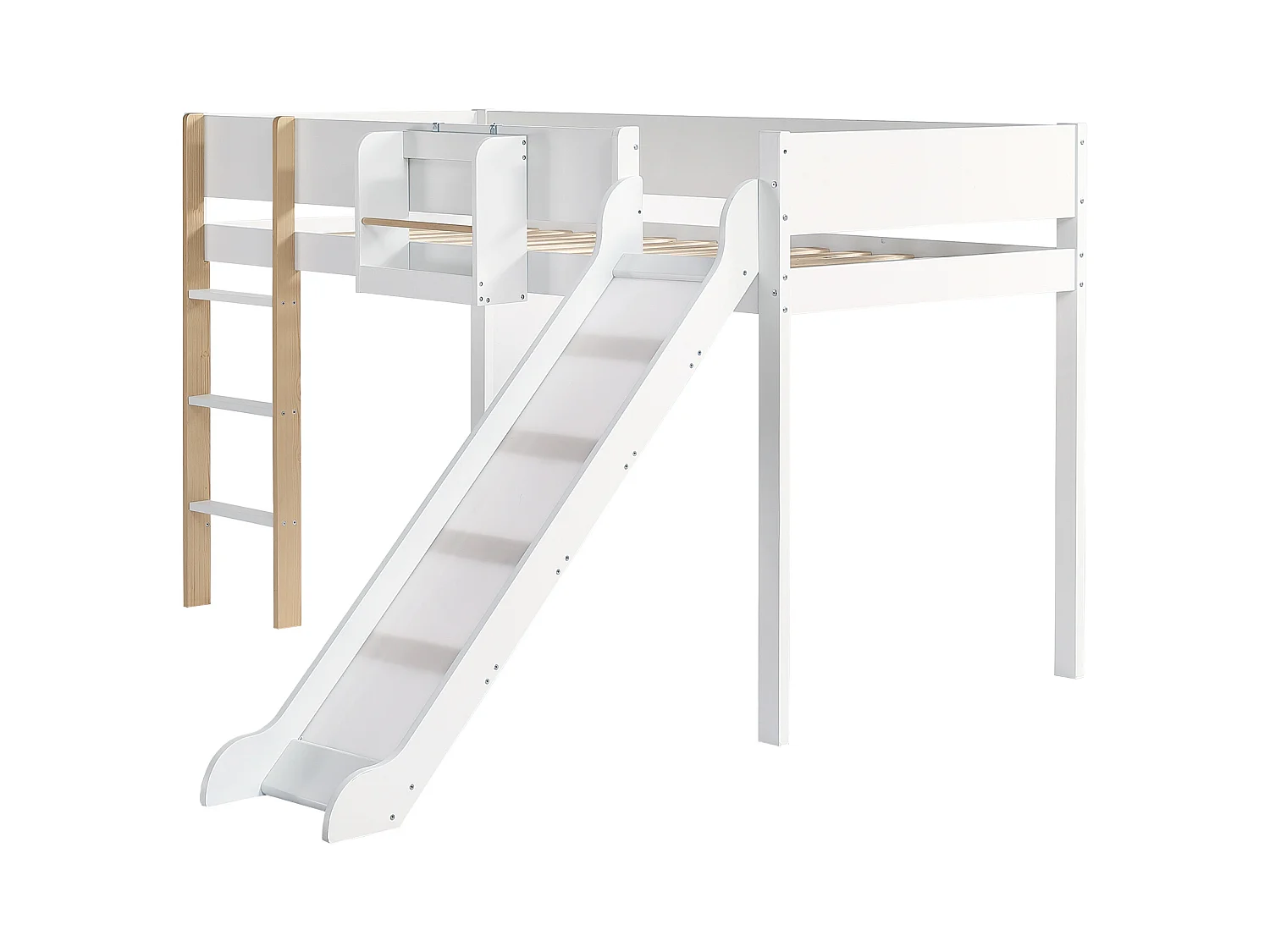 Letto a castello con scaletta dritta a tre gradini, letto con scivolo e ripiano rimovibile, pino e MDF, bianco e naturale, 90x200 cm (205x205x121 cm)