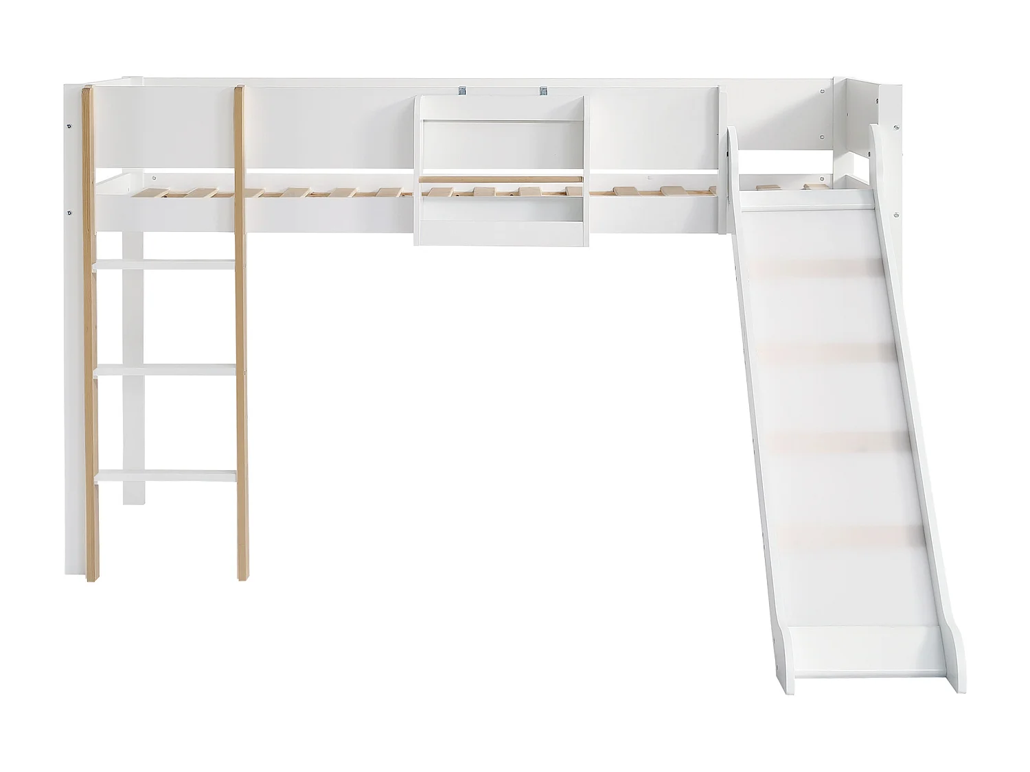 Lit superposé avec échelle droite à trois étapes, lit avec toboggan et étagère amovible, pin et MDF, blanc et naturel, 90x200 cm (205x205x121 cm)