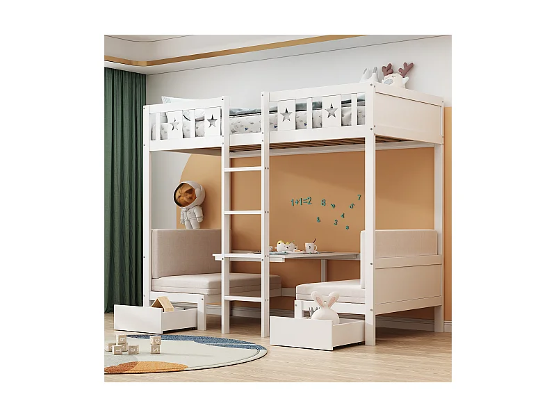 Litera 90x200 cm, 2 en 1 cama/escritorio, con amplios cajones, estructura de madera, Blanco (205,5x96x168,3 cm)