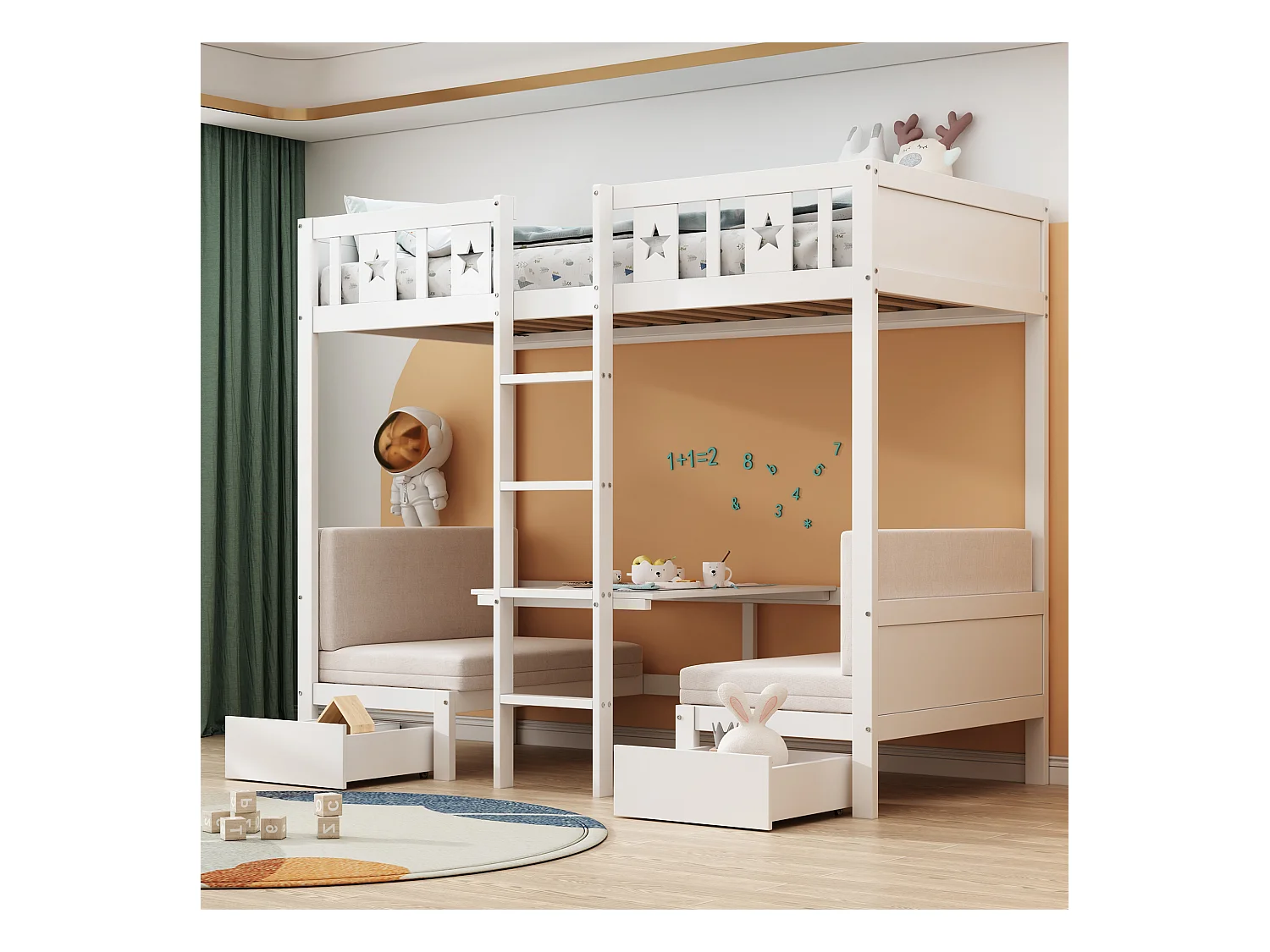 Letto a castello 90x200 cm, letto/scrivania 2 in 1, con ampi cassetti, struttura in legno, bianco (205,5x96x168,3 cm)