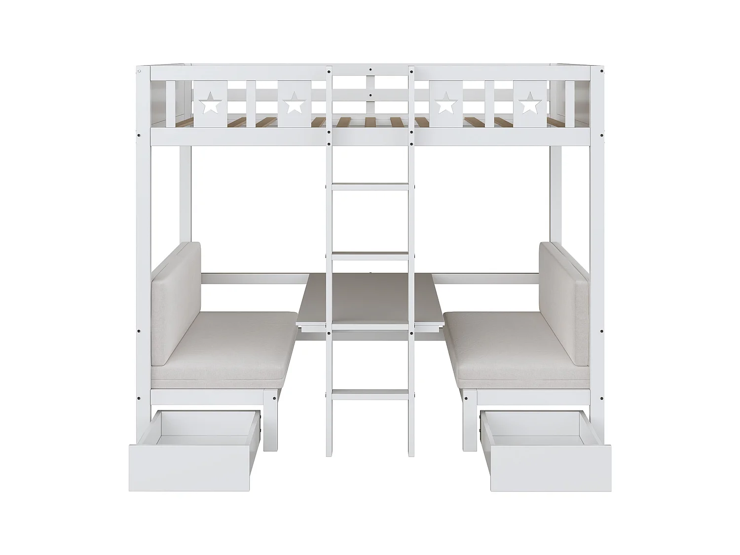 Letto a castello 90x200 cm, letto/scrivania 2 in 1, con ampi cassetti, struttura in legno, bianco (205,5x96x168,3 cm)