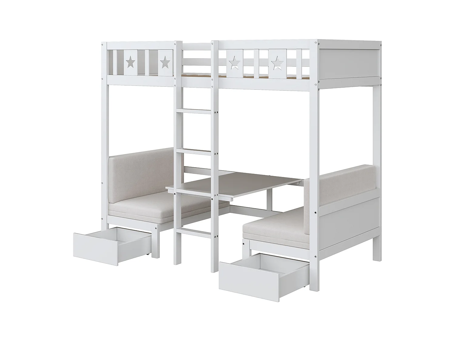 Letto a castello 90x200 cm, letto/scrivania 2 in 1, con ampi cassetti, struttura in legno, bianco (205,5x96x168,3 cm)