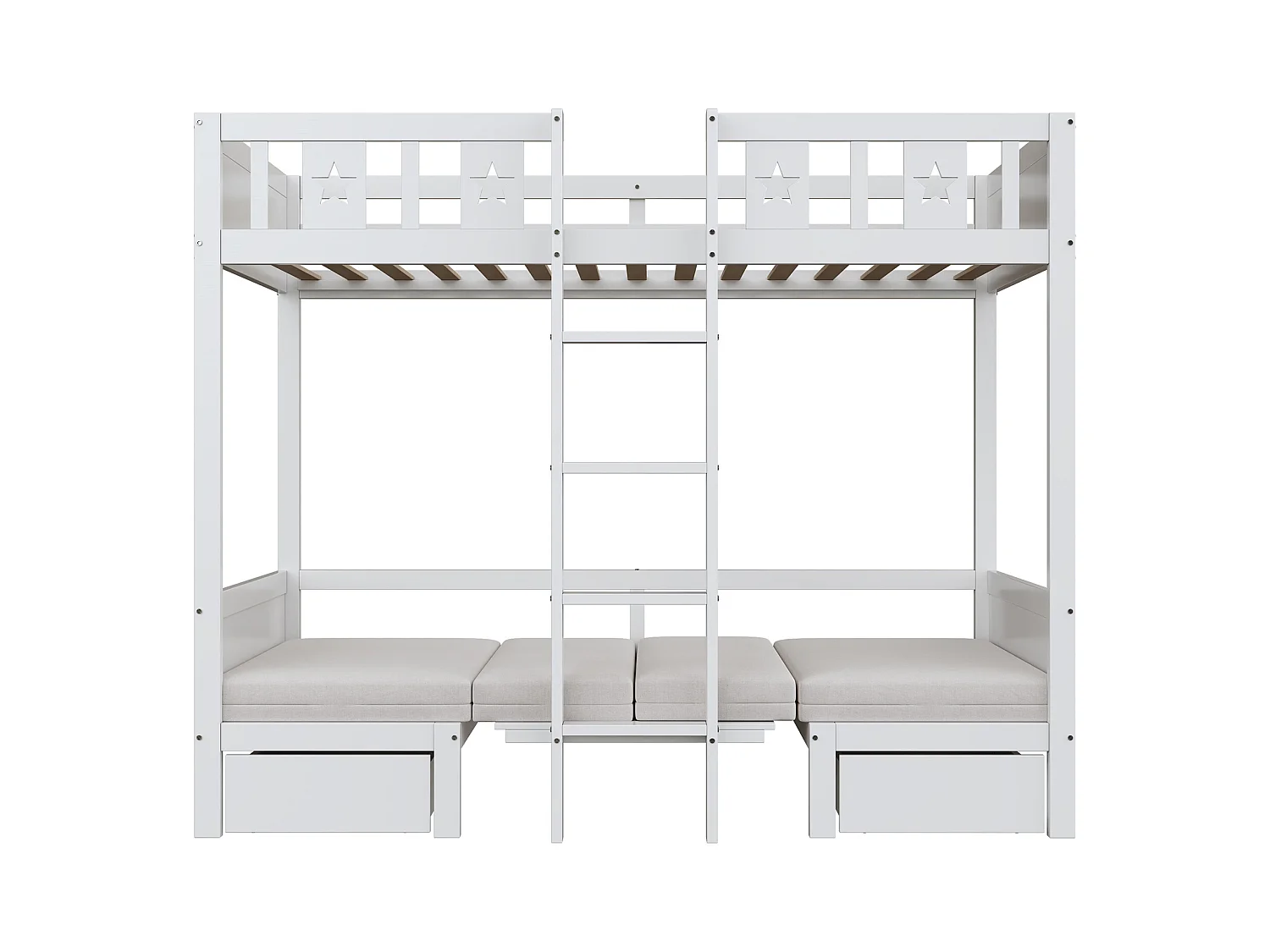 Letto a castello 90x200 cm, letto/scrivania 2 in 1, con ampi cassetti, struttura in legno, bianco (205,5x96x168,3 cm)