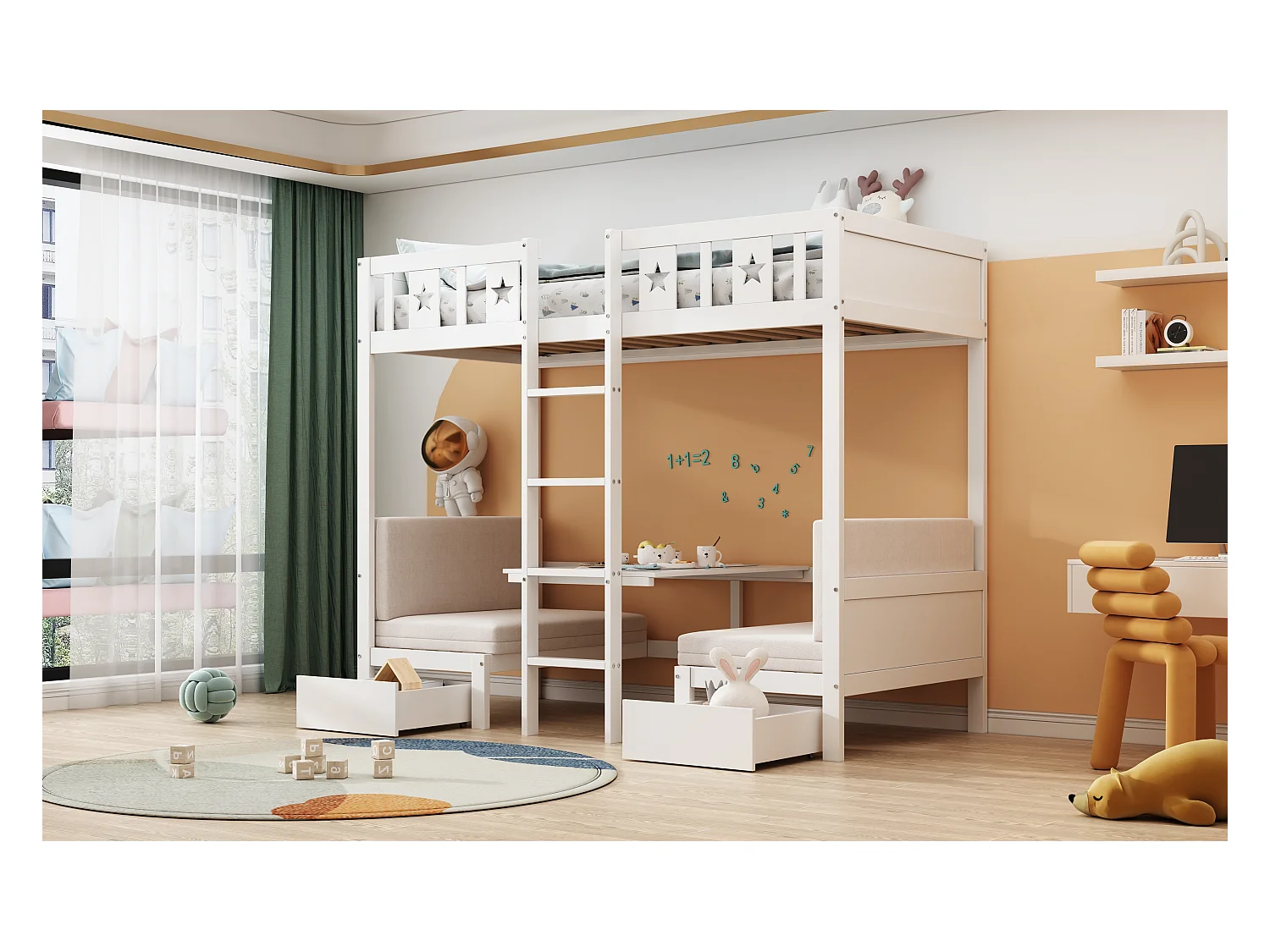 Letto a castello 90x200 cm, letto/scrivania 2 in 1, con ampi cassetti, struttura in legno, bianco (205,5x96x168,3 cm)